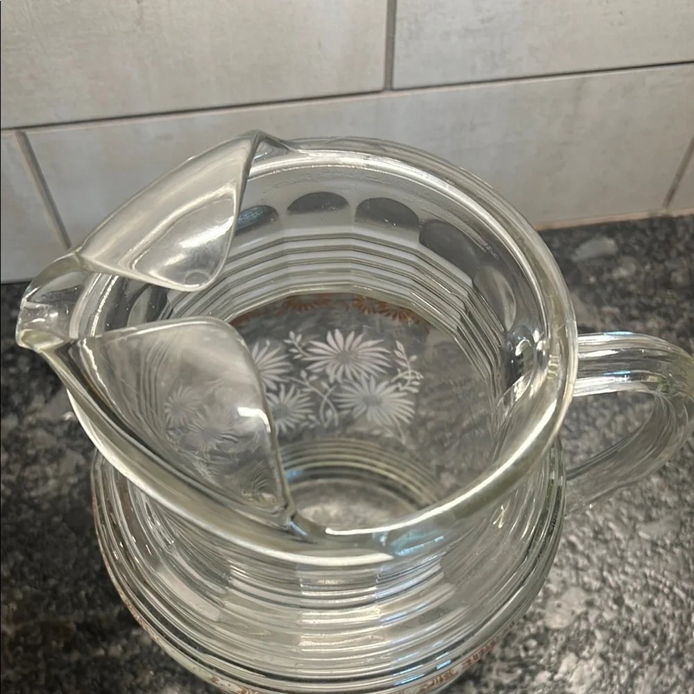 Hazel Atlas Clear Glass Pitcher with white Daisy Design